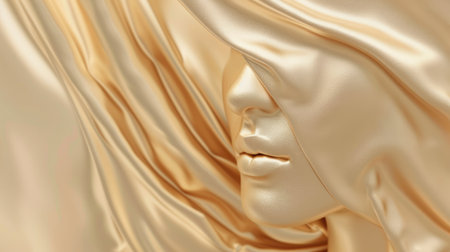 Fashionable aesthetic woman face made of golden metal texture, silky cloth in motion, on beige background with free place for text. Banner for beauty, fashion, makeup or cosmetics productの素材