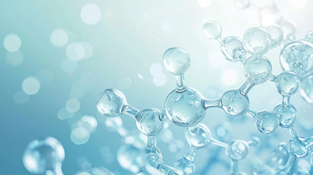 Hyaluronic acid molecules background. Water with bubbles, moisturizer, liquid, serum or toner banner. Hyaluron acids in chemical laboratory, beauty and cosmeticsの素材