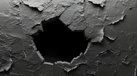 Hole with cracks in the wall, damaged and broken texture surface background or bannerの素材