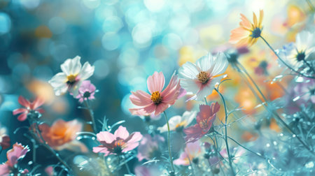 Abstract flowers on blurred background. Spring, summer blossom bannerの素材