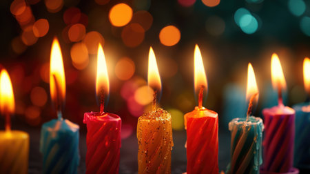Colorful candles and blurred background with free place for text. Birthday, anniversary or event celebration bannerの素材