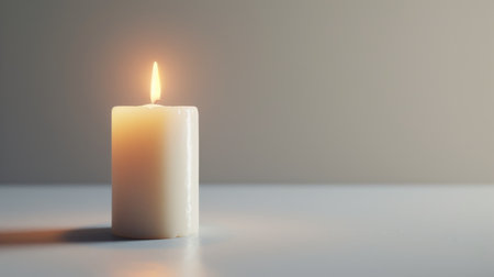 White candle on white background with a free place for text. Concept of home, spa, relaxation, meditation or festive celebration bannerの素材