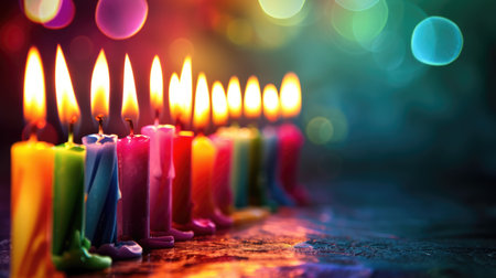 Colorful candles and blurred background with free place for text. Birthday, anniversary or event celebration bannerの素材