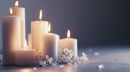 White candles on white background with a free place for text. Concept of home, spa, relaxation, meditation or festive celebration bannerの素材