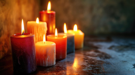 Colorful candles and blurred background with free place for text. Birthday, anniversary or event celebration bannerの素材