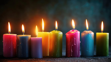Colorful candles and blurred background with free place for text. Birthday, anniversary or event celebration bannerの素材