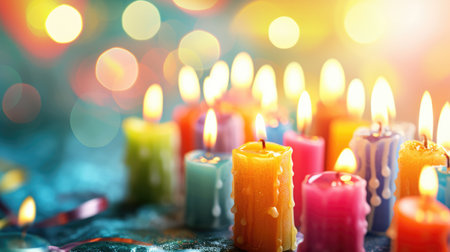 Colorful candles and blurred background with free place for text. Birthday, anniversary or event celebration bannerの素材