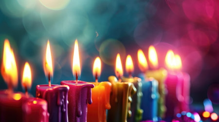 Colorful candles and blurred background with free place for text. Birthday, anniversary or event celebration bannerの素材