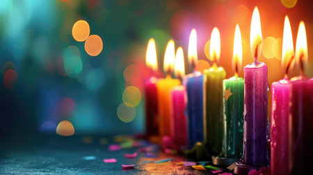 Colorful candles and blurred background with free place for text. Birthday, anniversary or event celebration bannerの素材