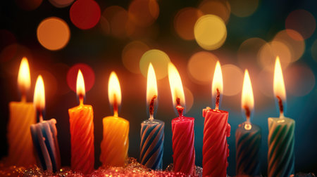 Colorful candles and blurred background with free place for text. Birthday, anniversary or event celebration bannerの素材