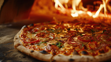 Close up of freshly baked Italian pizza in a wooden oven on blurred backgroundの素材