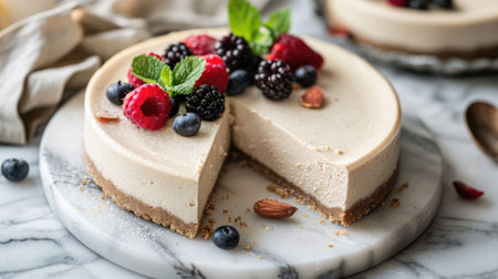 Raw vegan cheesecake with berries. Healthy sweet food conceptの素材