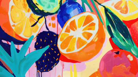 Abstract background with fruits in minimalistic flat hand drawn naive style. Simple tropical summer banner, trendy stylish fashion print, posterの素材