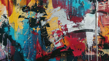 Abstract colorful background with geometric textured oil or acrylic shapes. Artistic banner with expressive graffiti wall texture and brush strokesの素材