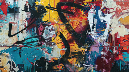 Abstract colorful background with geometric textured oil or acrylic shapes. Artistic banner with expressive graffiti wall texture and brush strokesの素材