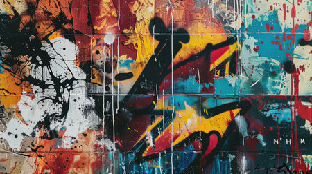 Abstract colorful background with geometric textured oil or acrylic shapes. Artistic banner with expressive graffiti wall texture and brush strokesの素材