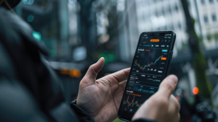 Close-up of a man's hands holding a smartphone with a stock market display. Cryptocurrency, finance, forex, trading from phone conceptの素材
