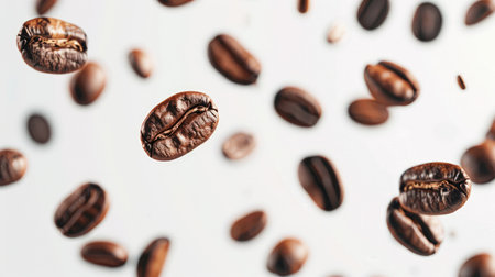 Flying roasted coffee beans isolated on white background. Banner for restaurants, cafe, menu designの素材