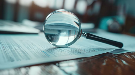 Magnifying glass and documents with analytics data lying on table. Background with statistics, graphs and charts. Concept of economic balance, financial success, audit or market growthの素材