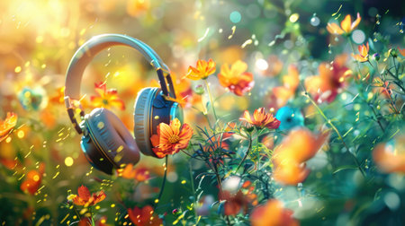 Background with a bouquet of flowers emerging from the ear cups of a pair of headphones with free place for text. Music, podcast concept bannerの素材