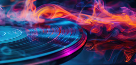 Vinyl record spinning on a turntable background with smoke in neon colors. Music, DJ concept bannerの素材