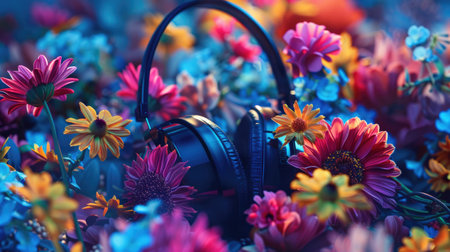 Background with a bouquet of flowers emerging from the ear cups of a pair of headphones with free place for text. Music, podcast concept bannerの素材