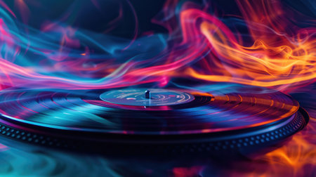 Vinyl record spinning on a turntable background with smoke in neon colors. Music, DJ concept bannerの素材