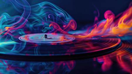 Vinyl record spinning on a turntable background with smoke in neon colors. Music, DJ concept bannerの素材
