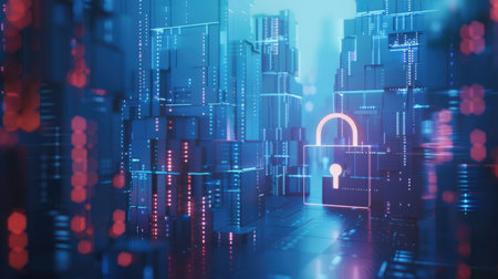 Abstract digital padlock on dark background with copy space. Cyber security concept banner, guarding computing systems against fraud and protecting privacy dataの素材
