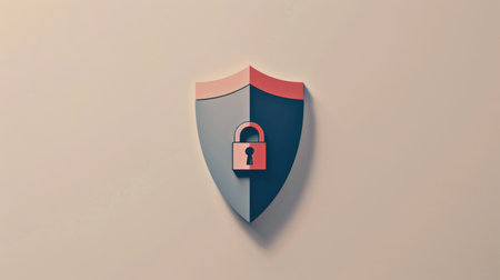 Security shield symbol, icon or emblem with padlock. Cybersecurity or data protection concept backgroundの素材