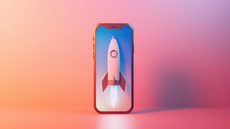 Rocket launching from a smartphone screen. Startup success, business innovation, modern technology concept background with free place for textの素材