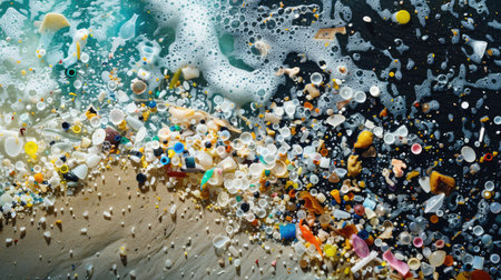 Background with microplastic particles floating in ocean or sea water. Environmental plastic pollution problem of rubbish and trashの素材
