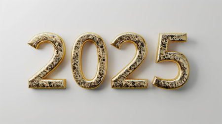 Happy New Year background with 2025 shiny golden numbers isolated on white background. Festive celebration bannerの素材