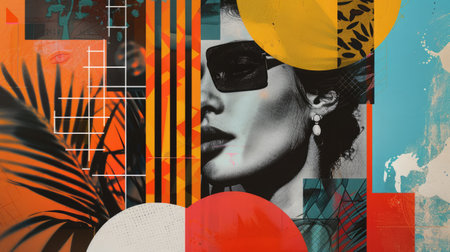 Abstract trendy vintage art collage with woman, geometric shapes, paper cutouts, patches, paint strokes. Retro fashionable style poster, bannerの素材