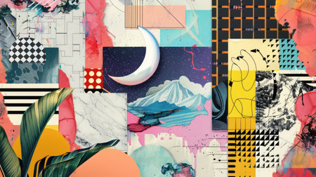 Abstract trendy vintage art collage with geometric shapes, paper cutouts, patches, paint strokes. Retro aesthetic fashionable style poster, bannerの素材
