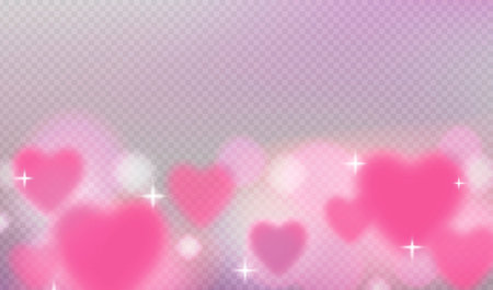Vector transparent background with pink dreamy clouds with glowing heart shapes, sparkling stars for romantic valentine and love themed designのイラスト素材