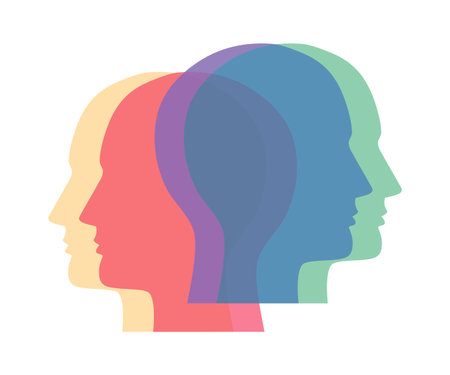 Vector illustration of colorful overlapping human head silhouettes in vibrant colors representing diversity teamwork and multiple perspectives conceptのイラスト素材