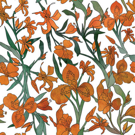 Seamless colorful floral pattern, blossom flowers on white backgroundの写真素材