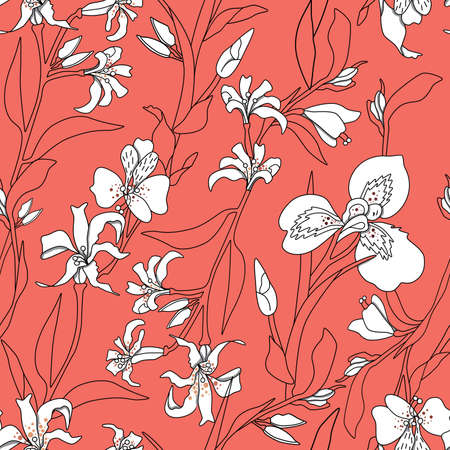 Seamless floral pattern with pink backgroundの写真素材