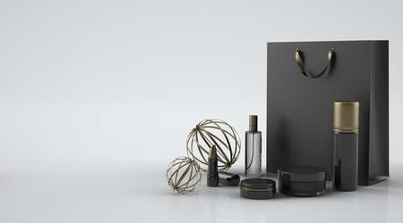 Beauty products set. Mock up for cosmetic products. Package branding. Black and gold objects. Flat lay composition. 3D render.の写真素材