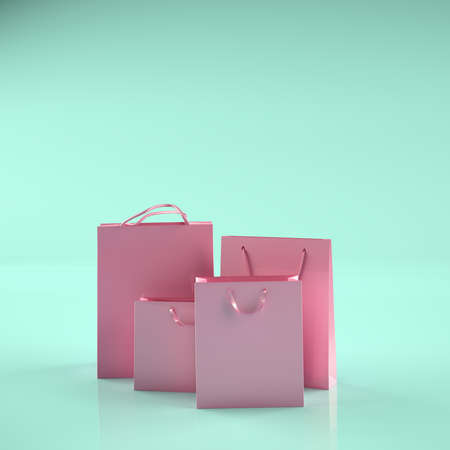Flat lay pink empty paper shopping bags isolated on bright background.3D render. Gift bags composition.の写真素材