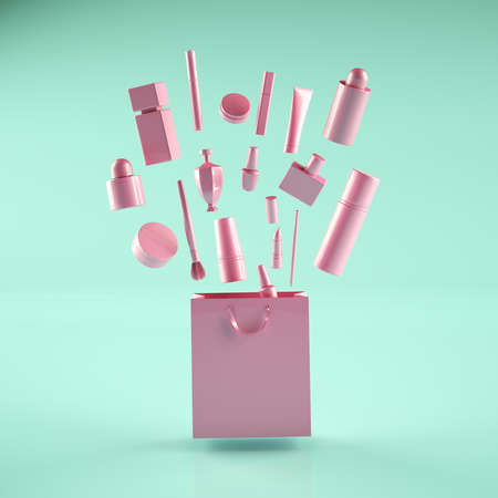 Colorfull 3d rendered illustration of pink colored gift paper bag with cosmetic bottles, lipstick tubes on bright mint background. Gift package presentation mockup. 3D render.の写真素材