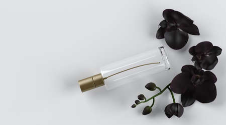 Black orchids flowers with cosmetic, perfume bottle on white background. Luxury product flat lay top view composition. 3D render.の写真素材