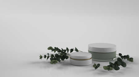 Green leaves with cosmetic bottles on white background. Luxury product flat lay composition. 3D render.の写真素材
