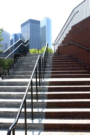 the stairs and New York city in a bright sunny day