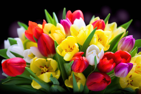 A vibrant bouquet of multi-colored spring flowers against a black background for the easter season.の写真素材