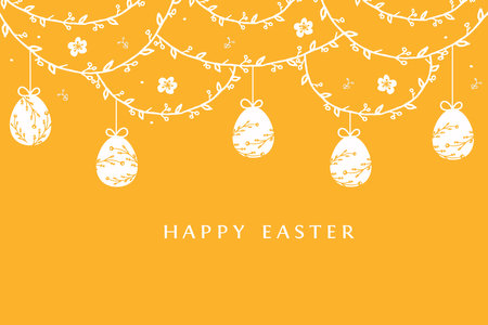 Happy Easter greeting card with eggs on yellow background.のイラスト素材