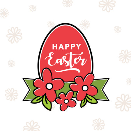 Happy Easter greeting card with red egg and flowers.のイラスト素材
