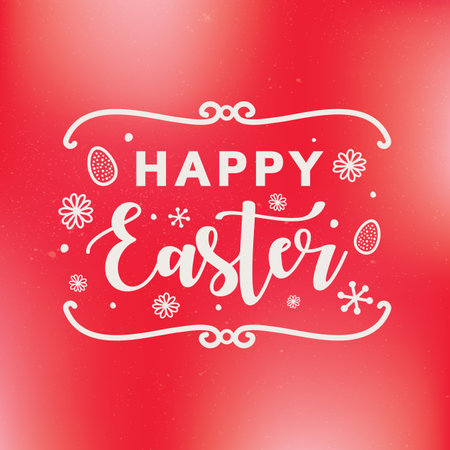 Happy Easter lettering on red background with snowflakes.のイラスト素材