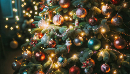 Christmas tree decorated with colorful ornaments and garlands. Close-up.の素材
